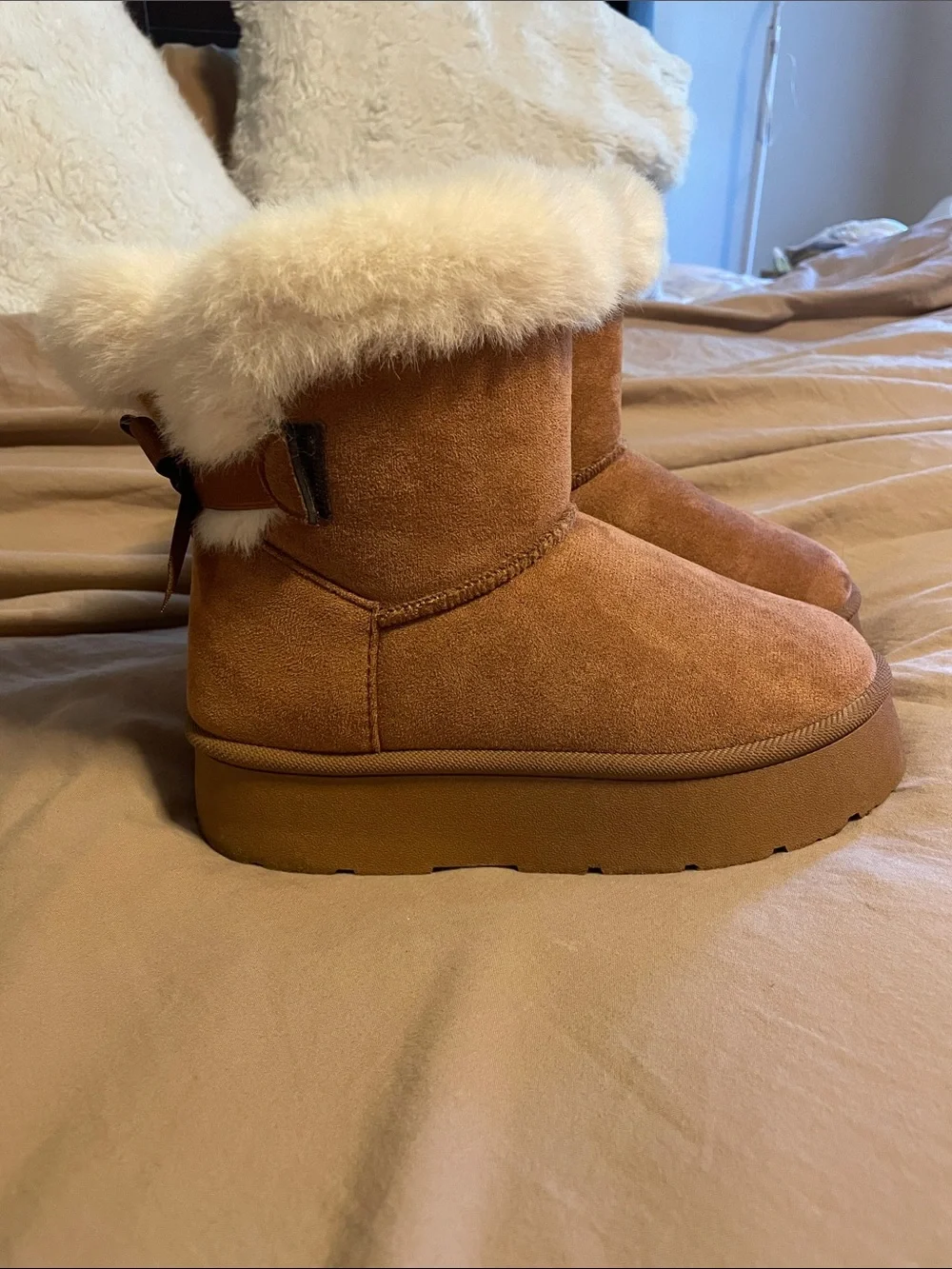 Women’s Chestnut Suede Winter Boot with White Faux Fur Cuff